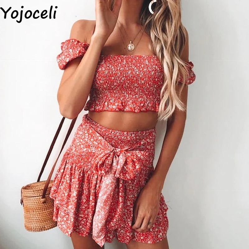 Yojoceli сексуальное короткое платье с открытыми плечами цветочным принтом рюшами