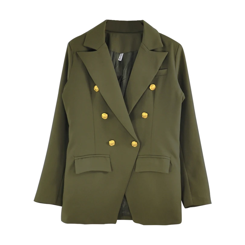 TYHRU женский двубортный пиджак с v-образным вырезом и золотыми пуговицами для офиса - Цвет: Army Green