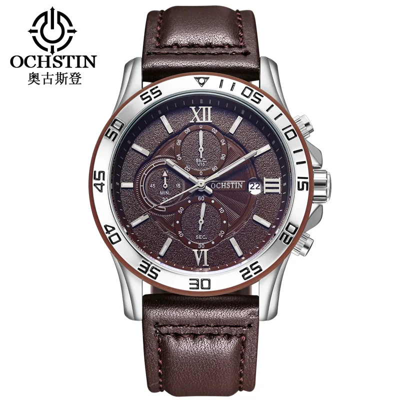 reloj hombre OCHSTIN Rose Gold Luxury watch Automatic Calendar business men watch in Casual sport leather band quartz watch men - Цвет: silver brown