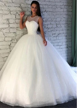 

2020 Luxury Shining Sequin Tulle Jewel Neckline Ball Gown Wedding Dress With Beadings Sleevelss Court Train Bridal Gowns Custom