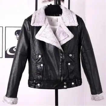 

Women Autumn Winter Slim Motorcyle Faux Fur Coat Rivet Warm Zipper Leather Jacket Turn-Down Collar Ladies Jacket