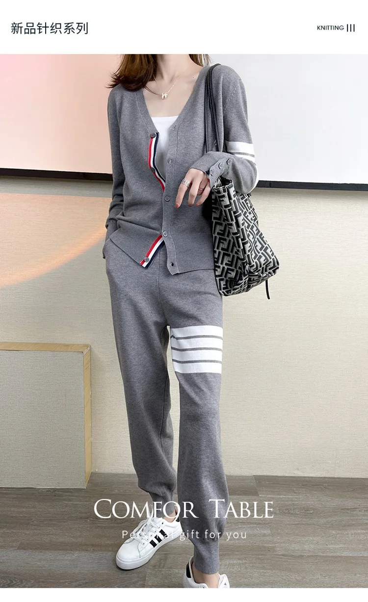 TB suit women's V-neck stripe knitted color matching sweater cardigan coat casual age reducing Harlem Leggings two piece set
