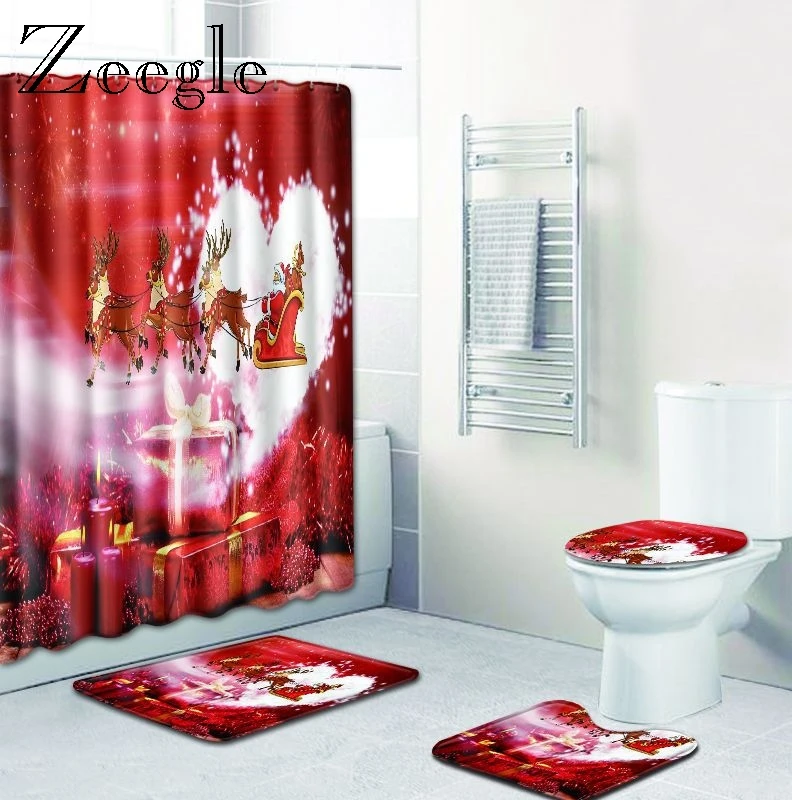 Zeegle Christmas Mat for Bathroom Decor 4Pcs Bath Mat Set Toilet Seat Cover Shower Curtain Set Water Absorption Bathroom Mat