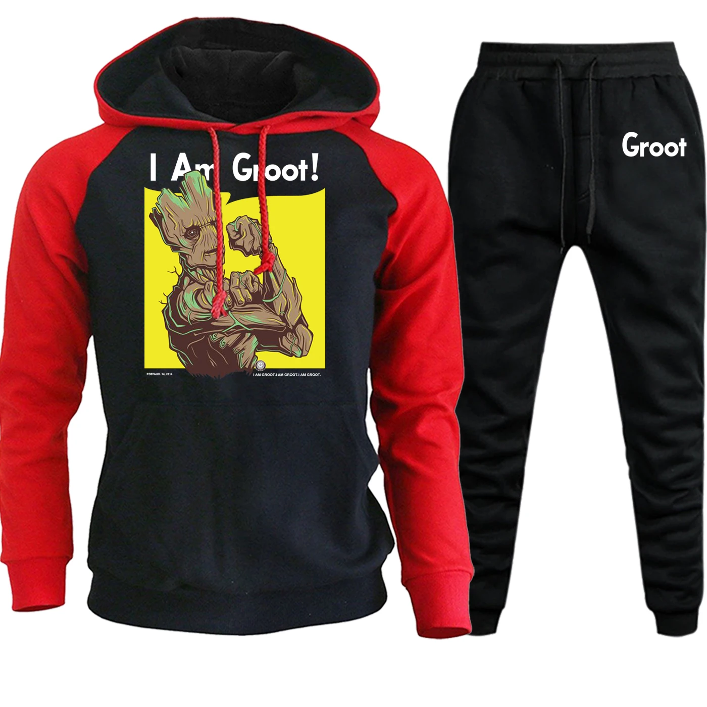 Мужская одежда с капюшоном, реглан, спортивная одежда I AM GROOT, осенне-зимний повседневный костюм, мужской пуловер, флисовая толстовка в стиле хип-хоп+ штаны, комплект из 2 предметов
