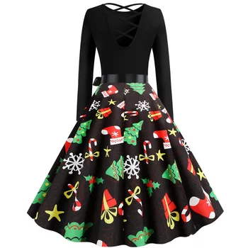 

Women long Sleeve 3D printed Christmas tree Christmas gift Retro Dress Round collar Splicing dress Christmas Party Costume