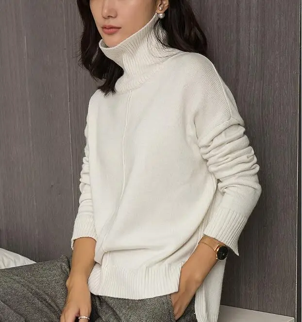 White Новинка, женский свитер, высокое платье с лацканами, свитер, короткий, однотонный, свободный, шерстяной женский свитер - Цвет: White