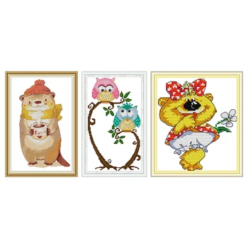 

Little Bear Sister Cross Stitch Patterns 14CT 11CT Count Printed Fabric DIY Owl Cross Stitch Sets for Embroidery Kits Needlework