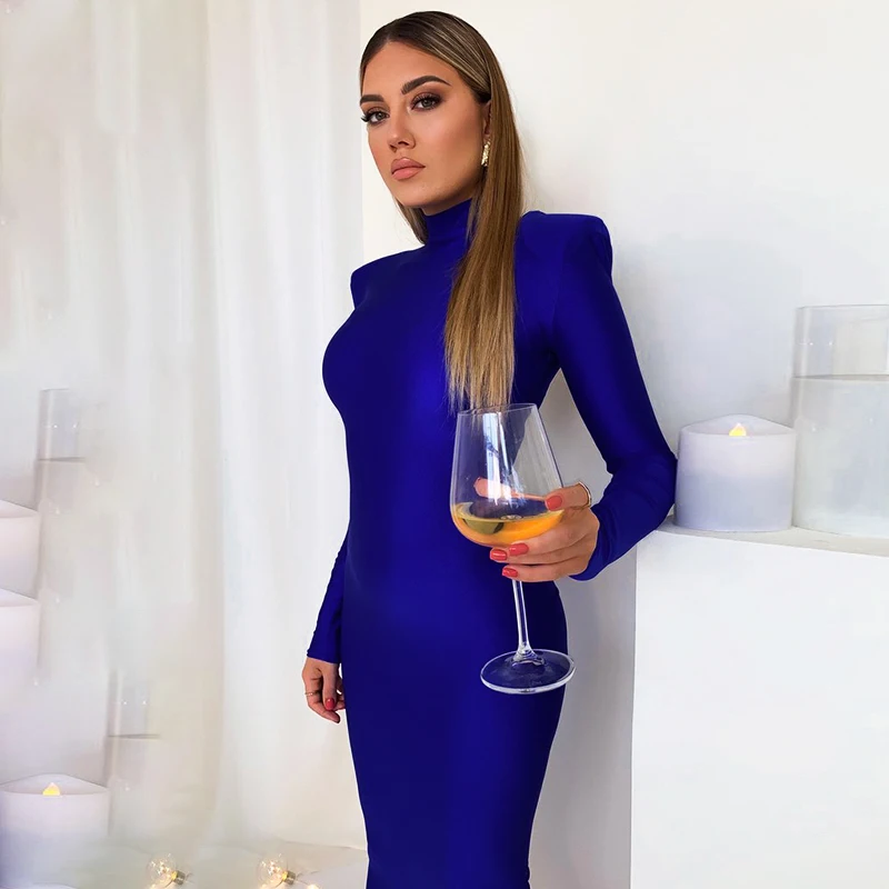 Hugcitar Solid Long Sleeve With Shoulder Pads Turtleneck Maxi Dress 2022 New Year Women Fashion Streetwear Elegant Skinny party dresses for women