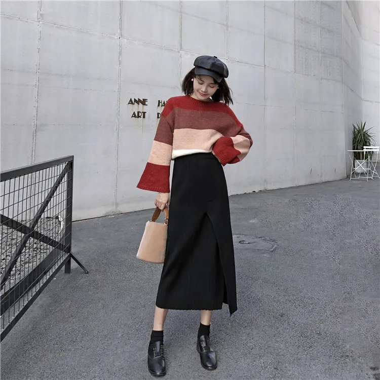 Make 4268# qiu dong bi into the joker knitted skirts side split bar package hip skirt of tall waist pit