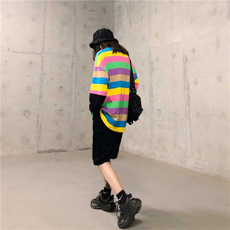 NiceMix поддельные две части женская одежда топы Спринт Осень harajuku Радуга полосатый принт длинный рукав повседневные футболки Мода