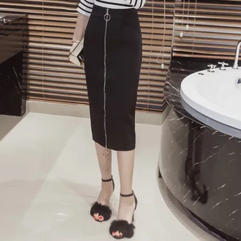 

Sexy Bodycon Pencil Skirt For Women 2020 Autumn Stretch Wrapped Skirts Office Ladies Elegant Metal Ring Zipper Mid-length Skirt