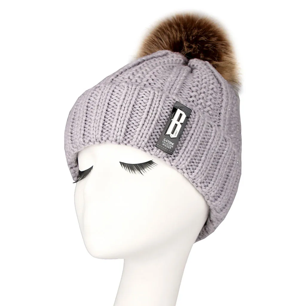 Вязанная шерстяная женская теплая шапка, одноцветная утолщенная шерстяная шапка в полоску, вязанная ветрозащитная теплая зимняя шапка с меховым помпоном, czapka zimowa