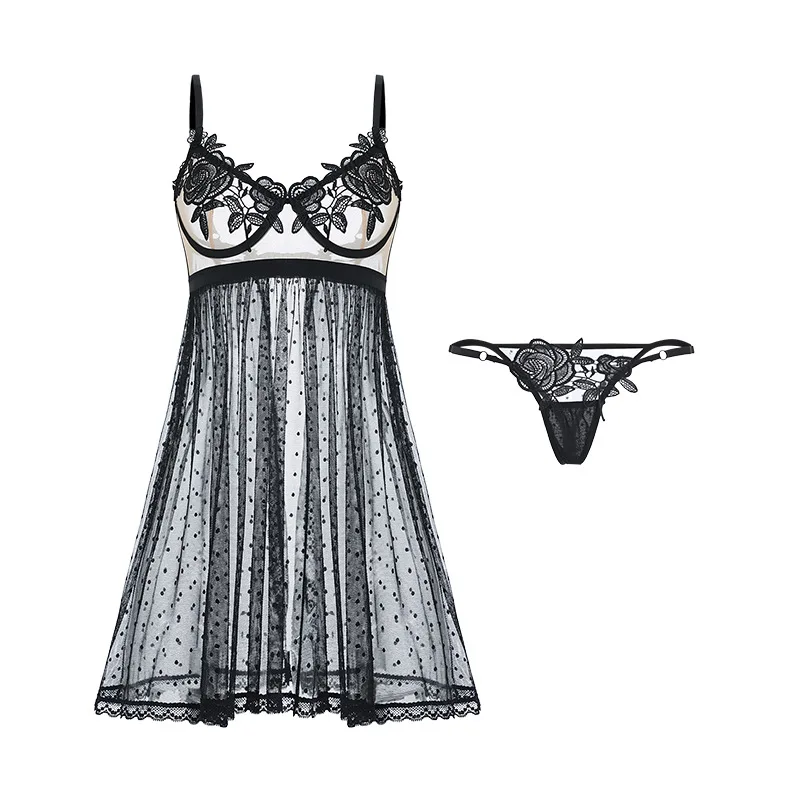 New 2023 summer V-neck see-through mesh steel ring color matching hollow embroidery sexy sling nightdress home service