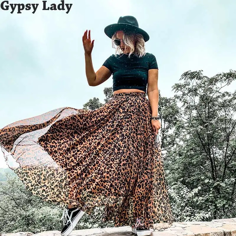 GypsyLady Цветочная Бохо длинная юбка макси эластичная плиссированная юбка с большим подолом Женская шикарная xanadu летняя юбка Новинка faldas - Цвет: leopard brown