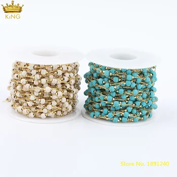 

5meters Plated Gold Copper Wire Wrapped 4mm Natural Turquoises Howlite Round Beads Rosary Chains Choker Jewelry Making HX-LT-249