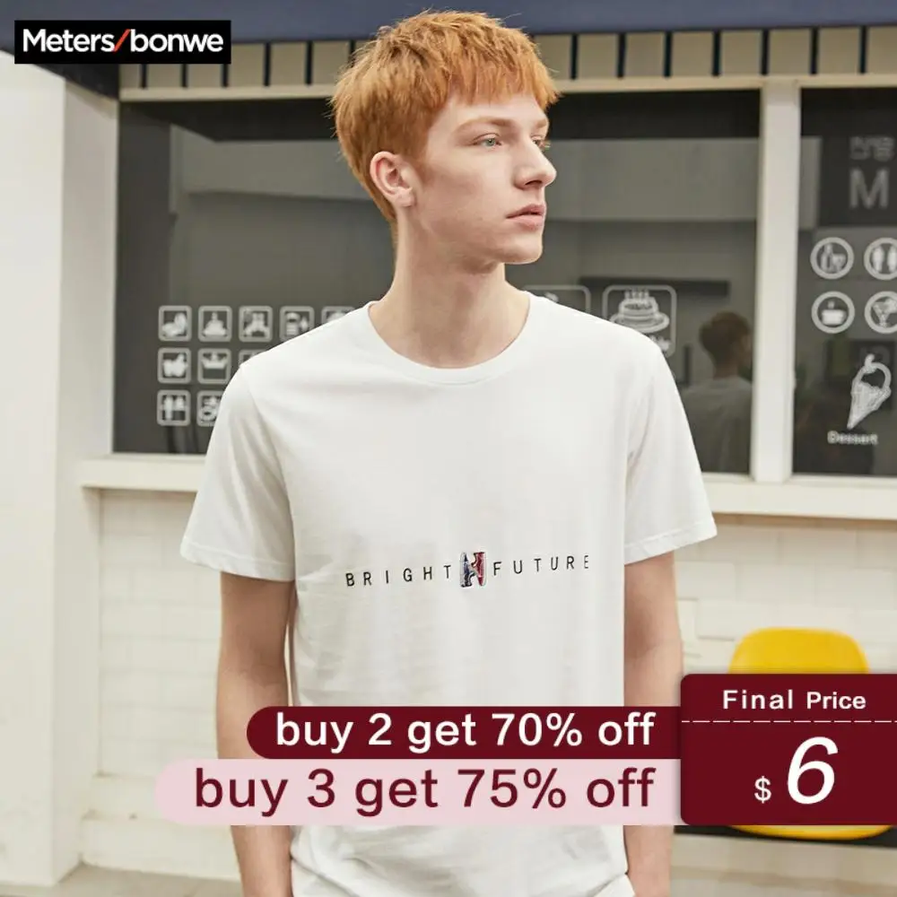 

METERSBONWE Men's Solid Color Cotton T-shirt 2020 New Summer T-Shirt Short Sleeve letter Print O-Neck Men trend Leisure Tops