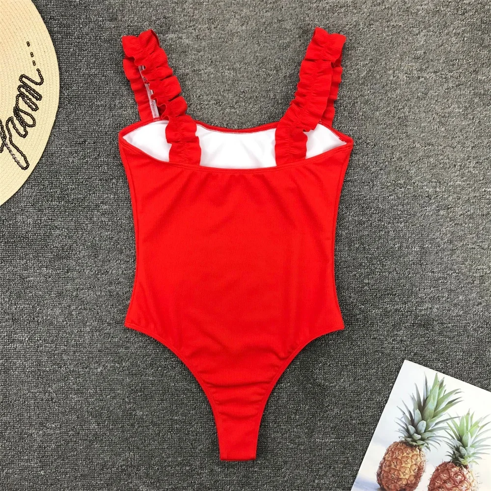 Gossina 2021 New Sexy Female Swimsuit Vintage One Piece Ruffled Push Up Solid Red Swimwear Women Monokini Padded Bathing Suits 4