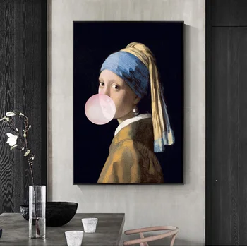 

Girl with Pearl Earrings Famous Art Canvas Oil Painting Reproductions Girl Blow Pink Bubbles Wall Art Posters Picture Home Decor