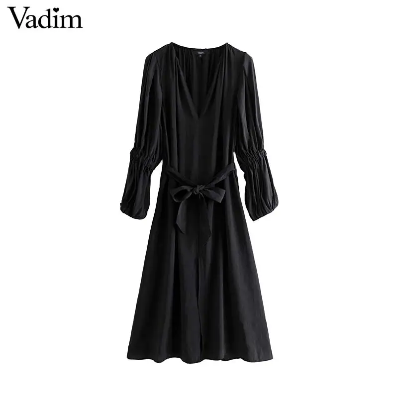 Vadim women retro oversized midi dress V neck long sleeve back split bow tie sashes female casual loose dresses vestidos QD277 | Женская