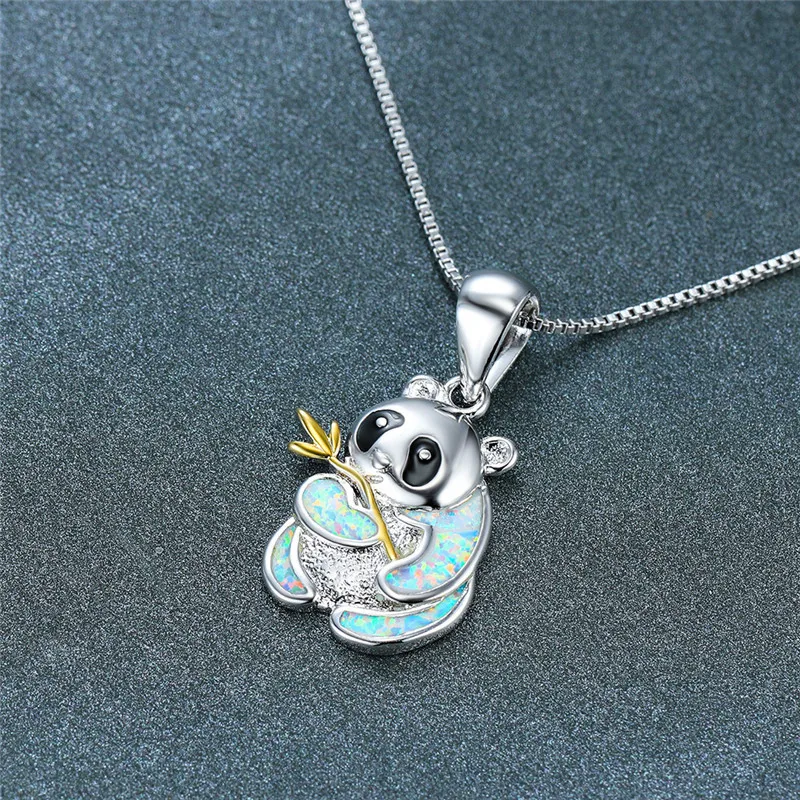 Blue White Fire Opal Cute Panda Pendant Necklaces For Women Silver Color Animal Jewelry Female Engagement Necklace Wedding Gifts