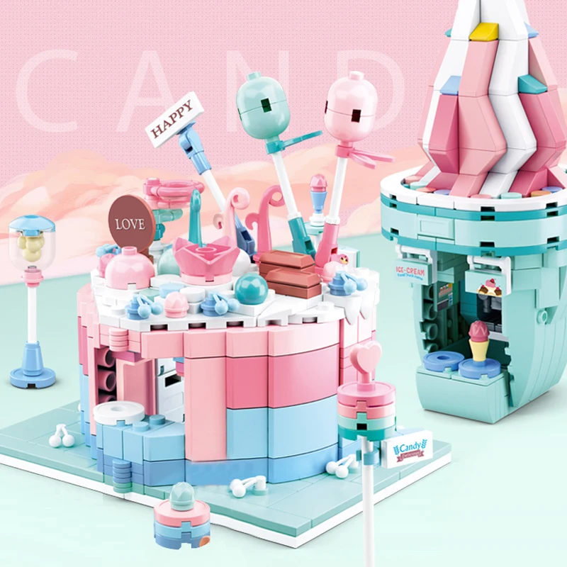 

City Street View Ice Cream Shop Cake Burger Hot Dog Model Building Blocks DIY Education Bricks Toys Legoes For Kids Girls Gifts