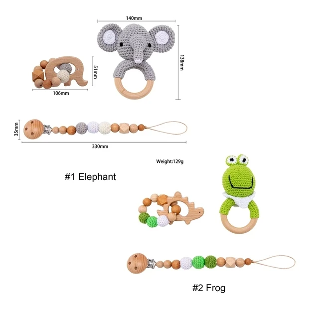 1set Baby Rattle Wooden Crochet Elephant Bells Music Teething Bracelet Pacifier Dummy Clips Gym Play Rodent Baby Products Toy 2