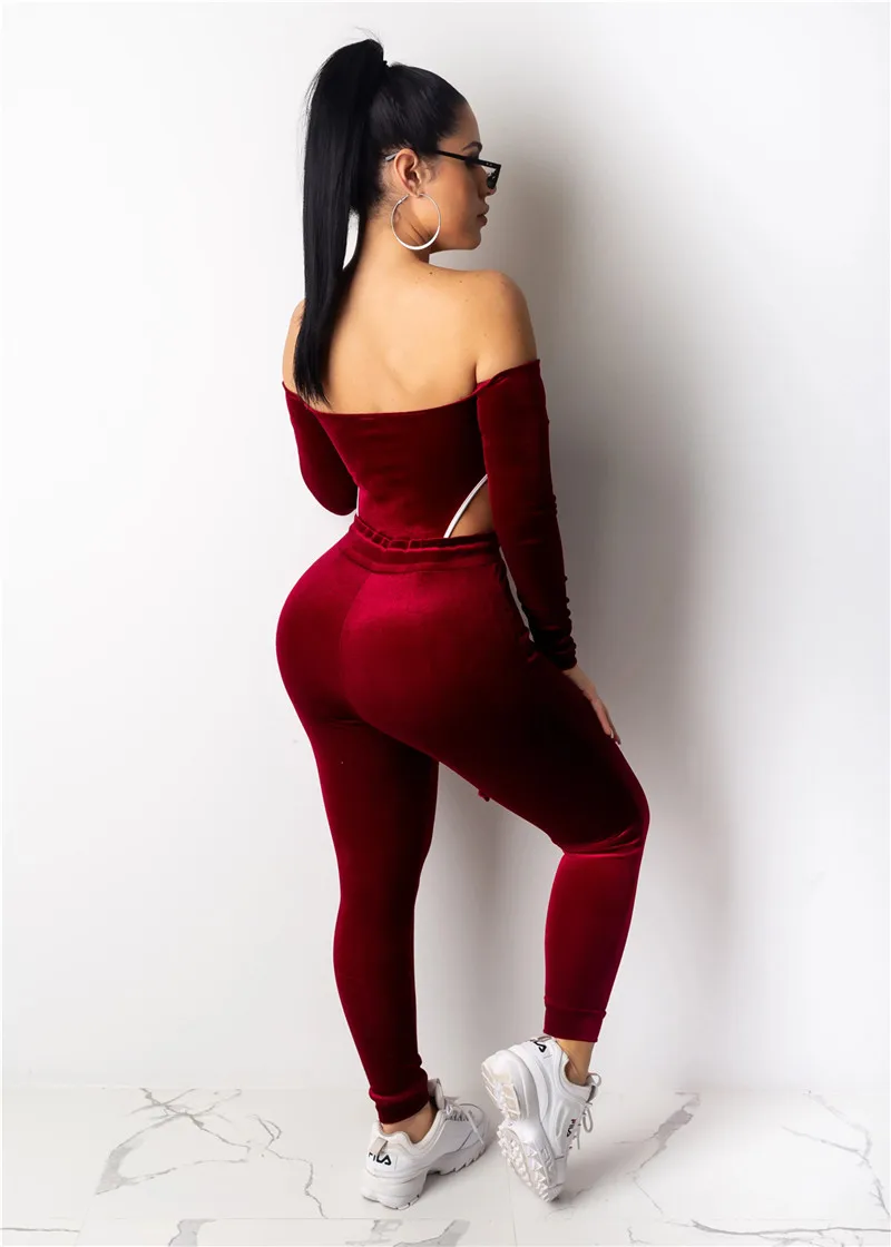 Cena Adogirl Christmas Velvet dwuczęściowy zestaw damski dres Zipper Off Shoulder body z długim rękawem + spodnie ołówkowe modne garnitury