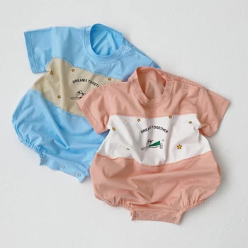 

2020 Summer New Korean Baby Boy Rompers Toddler Kids Short Sleeve Clothing Newborn Baby Girls Cotton Patchwork Letter Jumpsuit
