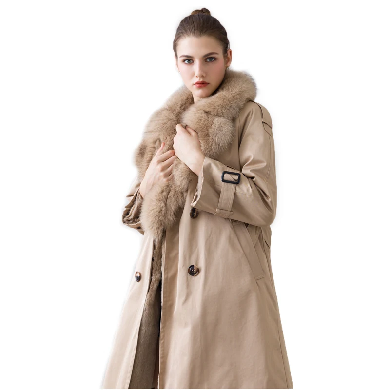 

EIFURKOP Khaki Ladies'windbreaker imported real fox fur collar jacket removable natural rex rabbit fur inner overcoat with belt