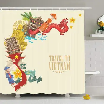 

Shower Curtain Set with Hooks 60x72 Travel Sailing Sign Vietnam Saigon Tourist Set Chi Traditional Vietnamese Landmarks Objects