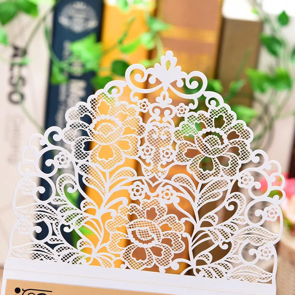  10pcs Floral Pattern Wedding Invitations Cards Pearl Paper Wedding Cards Invitation with Blank Inne - 4.00032E+12
