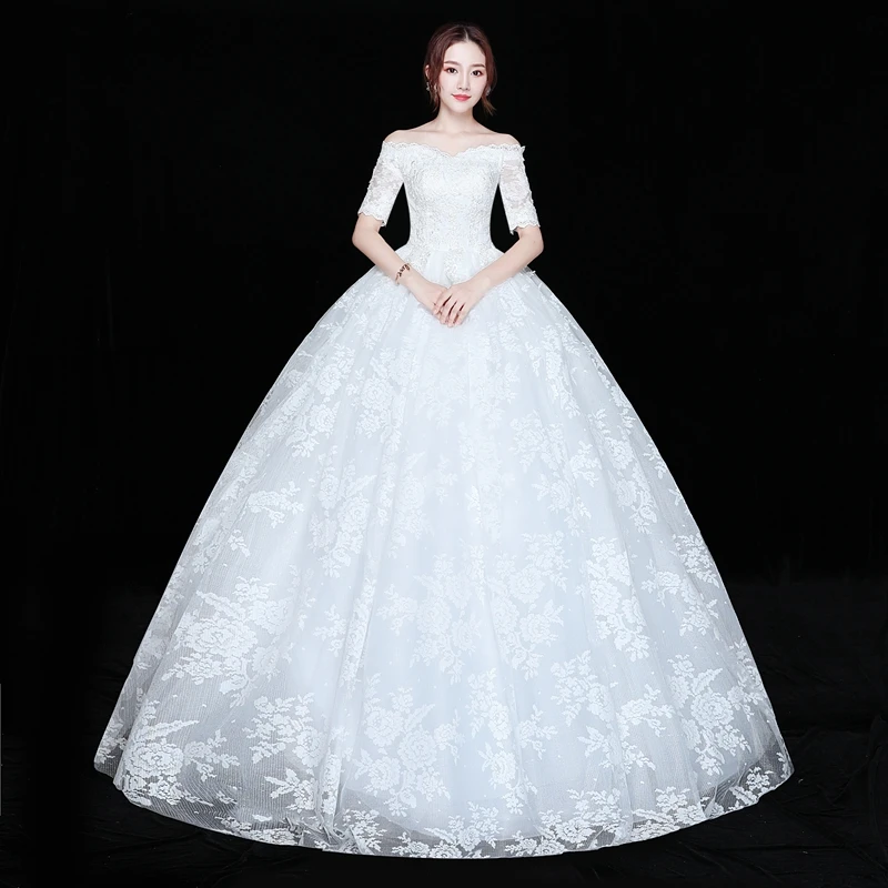 

XXN-084#Bridal wedding dress Embroidered Lace on Net Lace Up Boat Neck Ball Gown Custom Plus size Free Shipping Wholesale Sleeve