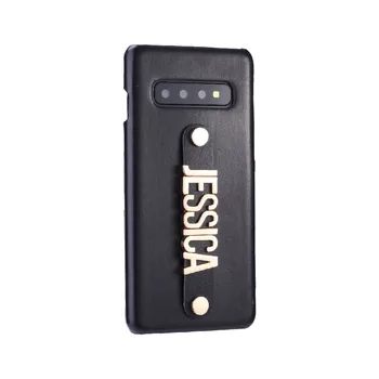 

For Samsung Galaxy S8 S9 S10 Plus Note 8 9 A50 Custom Leather Phone Case Holding Strap Gold Metal Name Text Phone Funda Coque