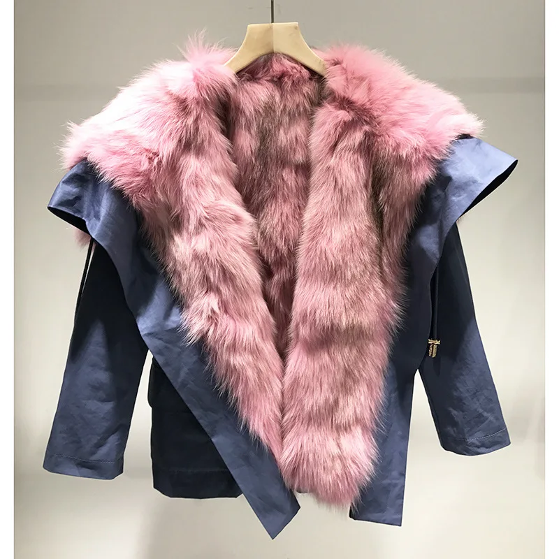 blue pink Parka Women New Winter Casual Hooded Long Sleeve Fox Fur Liner Detachable Coat Loose Thick Fox Fur Jacket Female NS1452 - Цвет: blue pink