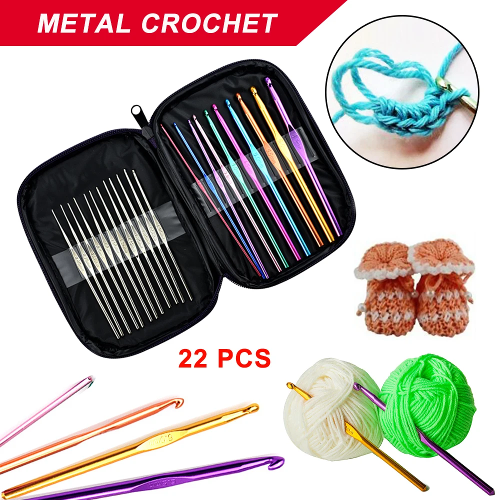 22Pcs 0.6mm-6.5mm Colorful TPR Soft Handle Aluminum Crochet Hooks Knitting  Needles Set Aluminium Crochet Yarn Knitting Needles 3