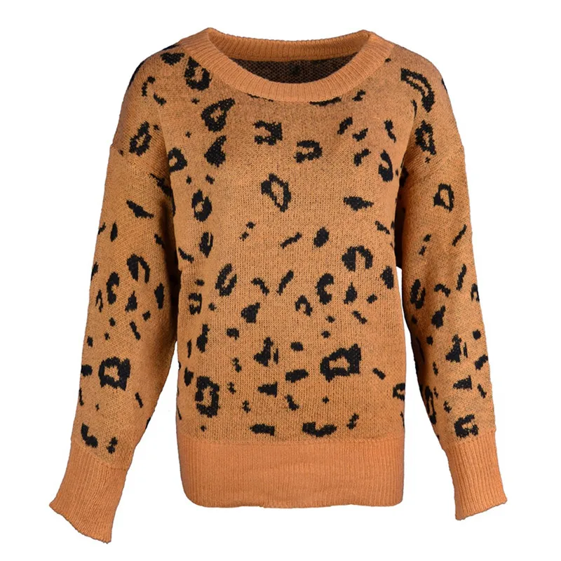Женский свитер, вязаный пуловер, новая мода, длинный рукав, Леопардовый свитер, пуловер, Осень-зима, теплый вязаный пуловер, женский свитер