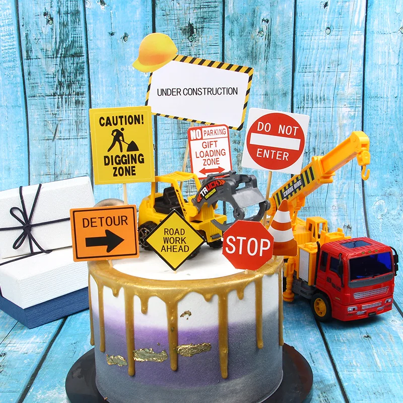 Construction Road Sign Cake Tooper Road Traffic Model Simulation Traffic Light Cake Insert Card Birthday Kids Party Decor