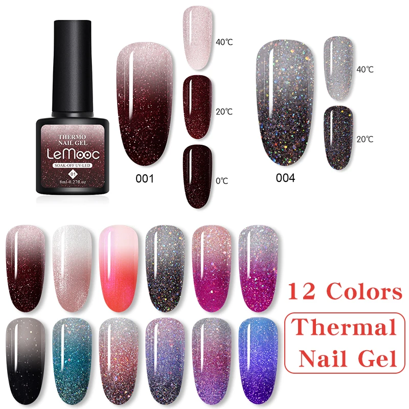 

LEMOOC 8ml Glitter Thermal Nail Gel Polish 12 Colors Temperature Color Changing Soak Off UV LED Gel Varnish DIY Art Design