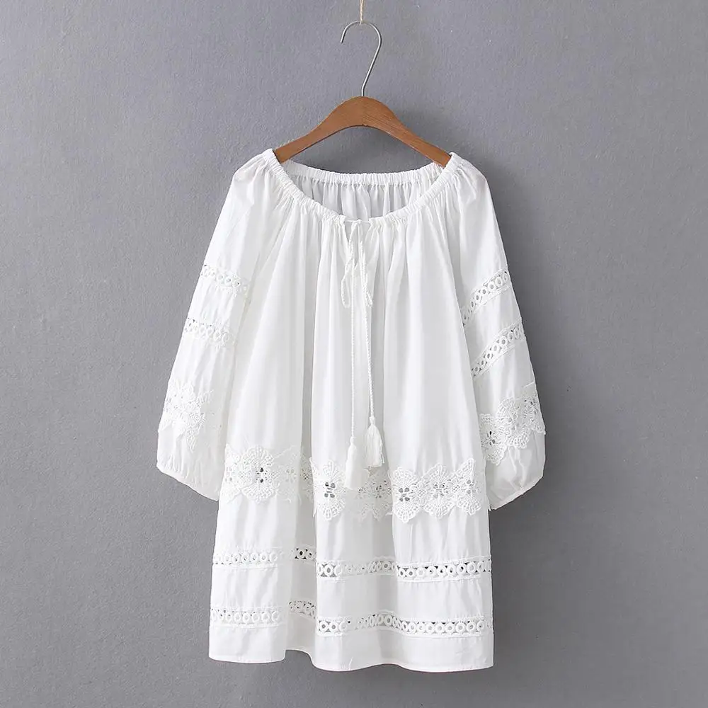 Bohemian Chic Beach Cover Up Lace Stitching Summer Tops Ladies Tassel Drawstring Lace-Up Womens Blouses bluzki damskie