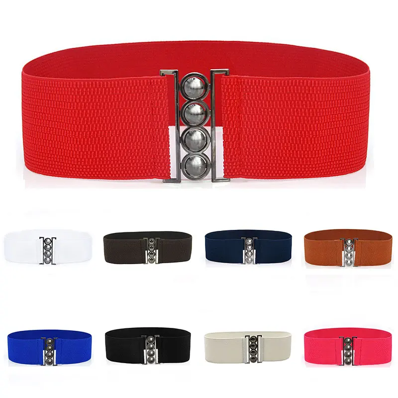 

Women Waist Belt Wide Elastic Cinch Corset Waistband Silver Metal Buckle Fabric Cummerbunds Strap Solid Color Dress Decorate