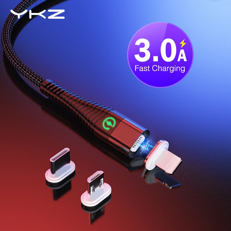 

YKZ Magnetic Cable LED Type C Microusb Magnetic USB 3A Fast Charging Cable for Apple Phone Samsung Huawei Magnet Data Cord Wire