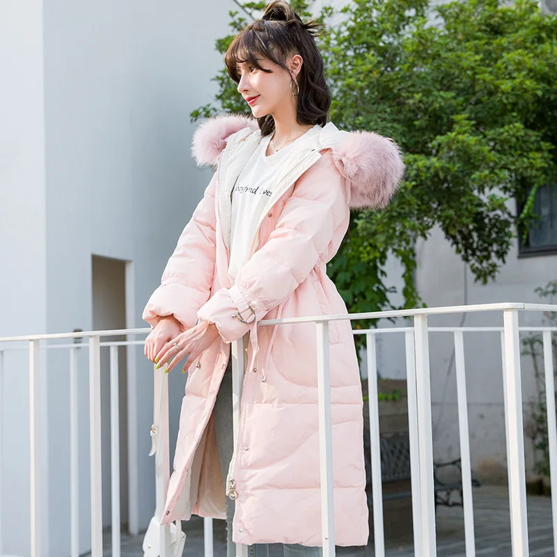 

2019 New Large Fur Collar Long Down Jacket Female Leather Fur Pearls Thick Warm Female Jacket