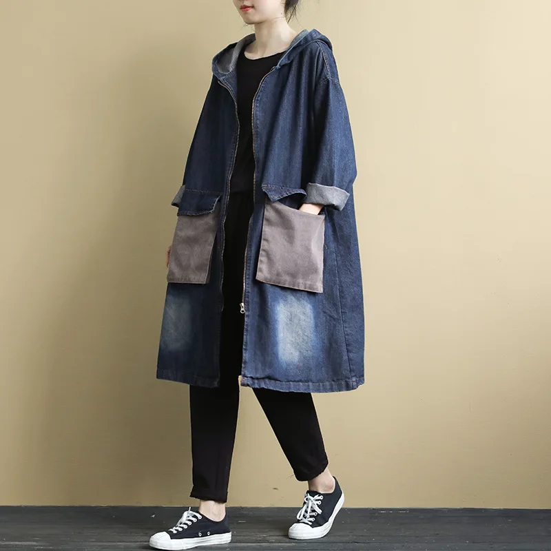 

Retro Large Size Loose-Fit Literature And Art Long Sleeve Hooded Coat Autumn Clothing New Style Applique Large Pocket Mid-length