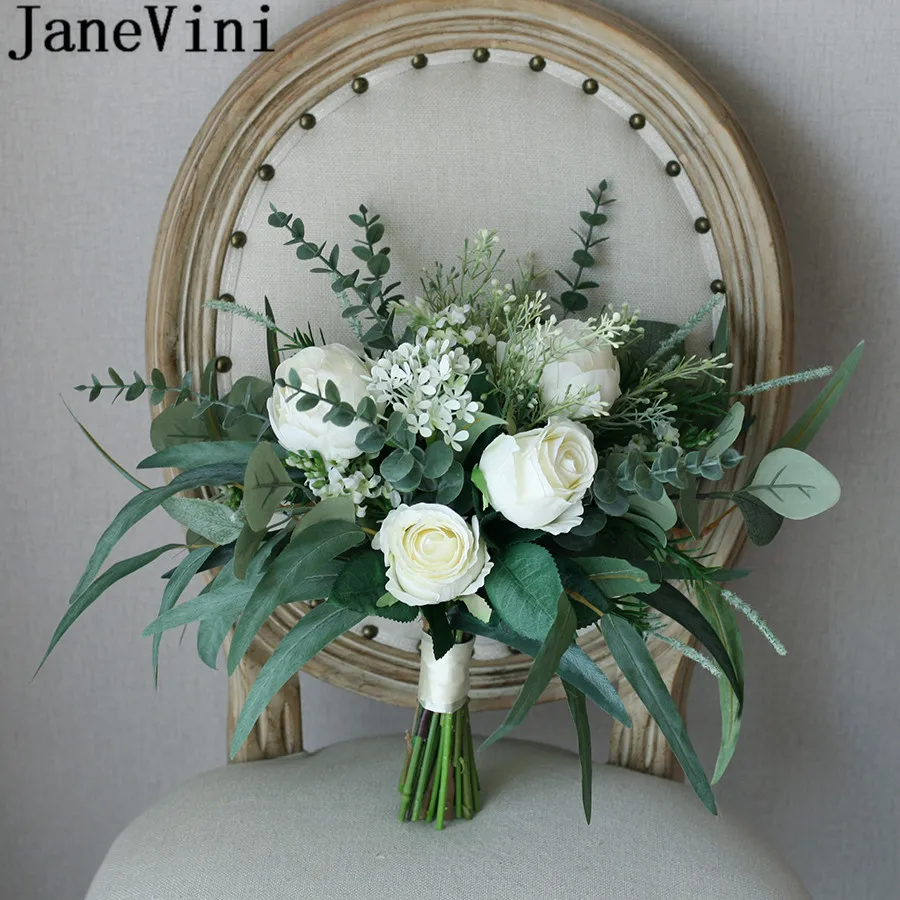 JaneVini 2020 Artificial Ivory Wedding Bouquets Hand Hold Flower Green Willow Leaves Silk Flowers Bride Bridal Bouquet Rose New