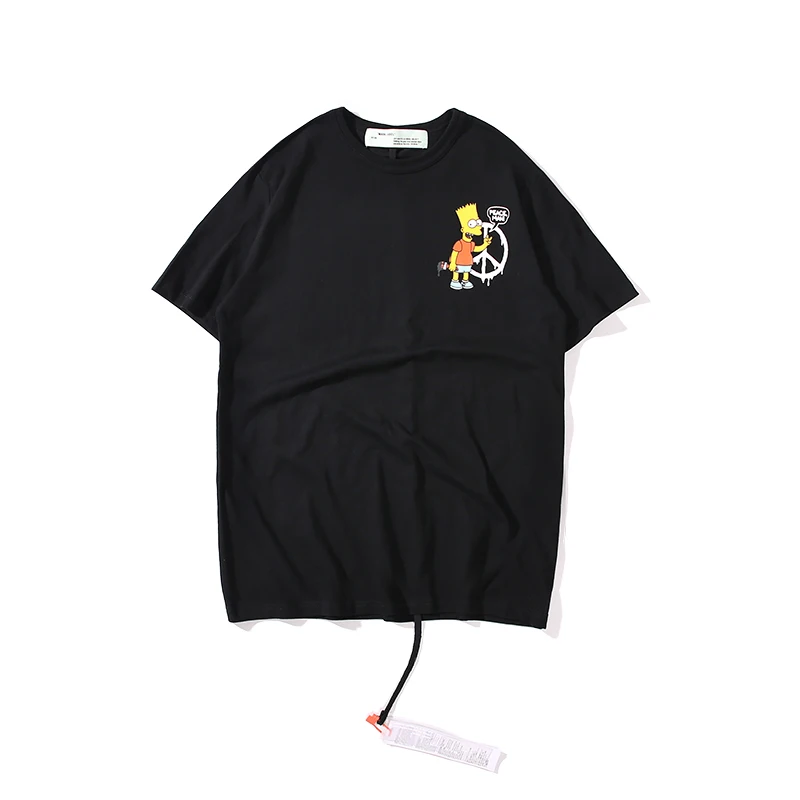 19ss Off-White OW Симпсон мультфильм мужчины/женщины унисекс Мода парные влюбленные модели хлопок случайный короткий рукав круглый вырез Футболка - Цвет: Black