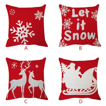 

1PC Square Xmas Red Color Pillow White Printed Sofa Decoration Cotton Linen Throw Pillow Case Cushion Home Living room Ornament