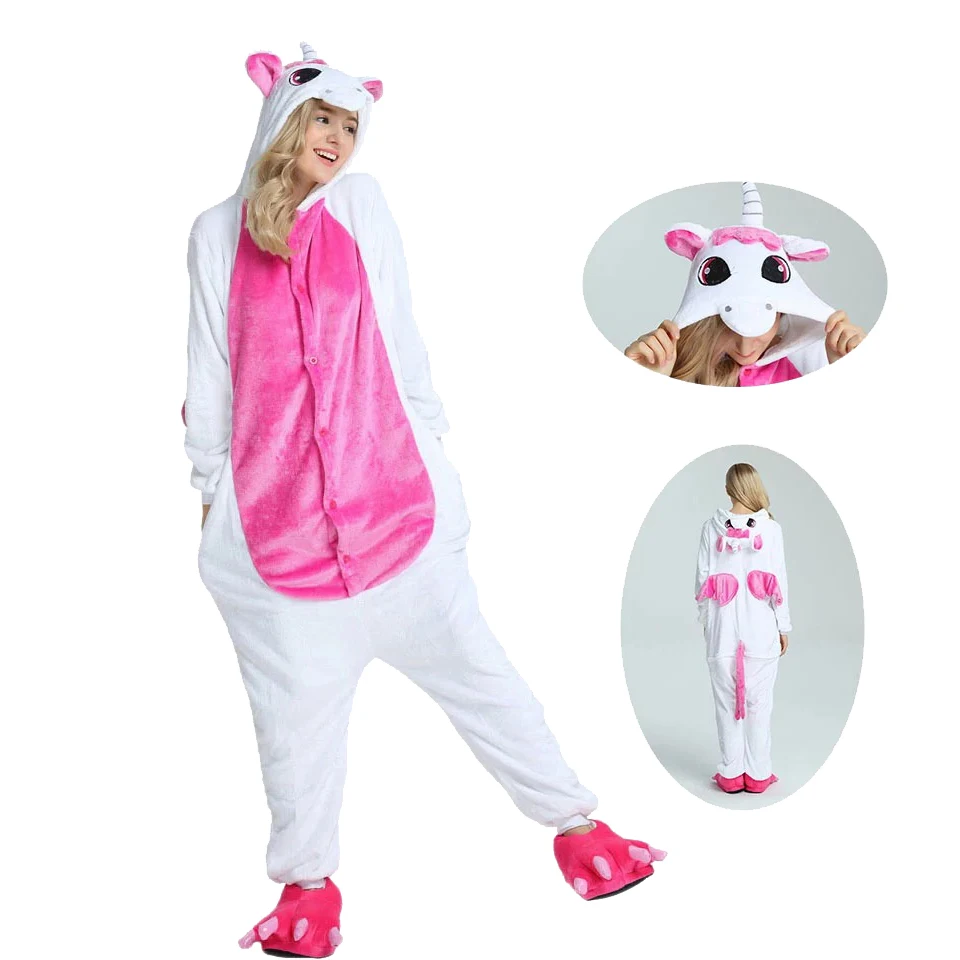 Пижама в виде единорога, зимняя Пижама для взрослых, пижама кигуруми, Ститч, панда, единорог, женский комбинезон, костюмы в стиле аниме - Цвет: Rose unicorn