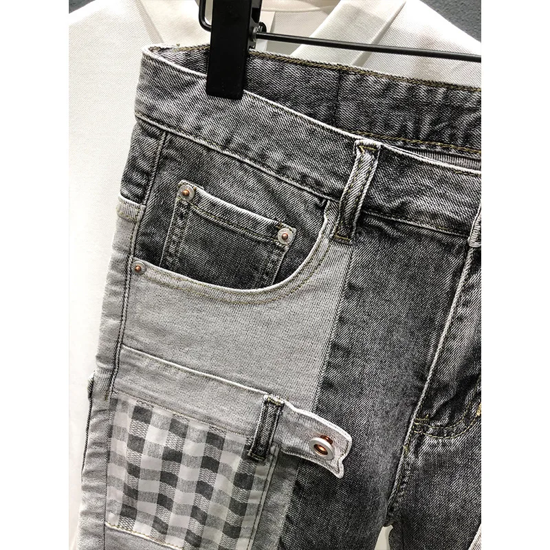 Summer Gray Denim Shorts Knee Length Patchwork Lattice Pocket Design Stitching Hip-hop Street Self-cultivation Jeans Shorts