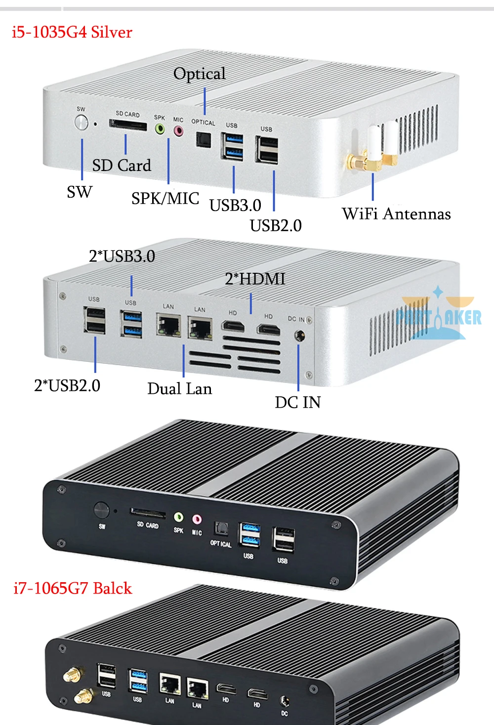 Elevate your gaming experience with Partaker Mini PC, featuring Intel Core i7 1065G7, i5 1035G4, 2 RAM Slots supporting up to 64GB DDR4 RAM, 2 HDMI2.0, 2 LAN, and 8 USB ports. Description Image.This Product Can Be Found With The Tag Names Barebone Mini PC, Computer Office, Mini pc