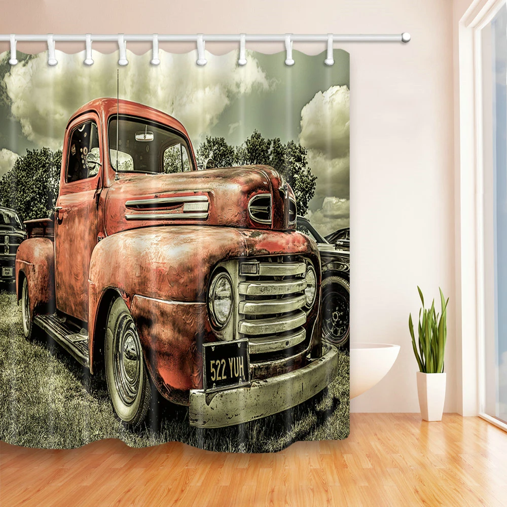 

Classic Truck Shower Curtains Set Retro Shabby Car Farm Scenery Bathroom Decor Home Bathtub Hang Curtain and Flannel Mat Carpet